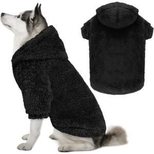 Fuzzy Dog Sweaters for Large Dogs Soft Double-Sided Plush Fleece Pet Sweater Clothes Pet Coats Dog Hoodie Sherpa Hooded Sweatshirt(Black-XXL)