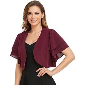 Women Short Sleeve Shrug Cropped Bolero Open Front Chiffon Cardigan for Evening Dress, Size S, Deep Wine Red