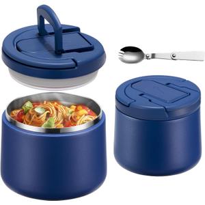 14oz Insulated Vacuum Food Jar with Buckle Lid,Soup Thermo for Hot Food Kids,Wide Mouth Leakproof Stainless Steel Lunch Container with Spoon-Blue