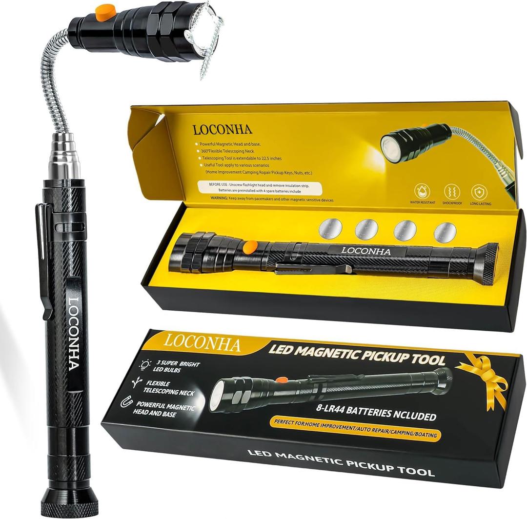 Magnetic Pickup Tool with LED Lights, Telescoping Magnet Flashlight, Cool Gadget Birthday Gifts Christmas Day Gifts for Men, Handyman, Husband, Boyfriend, Him, Father, Dad (Pack of 1)