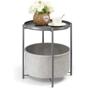 danpinera Round Side Table with Fabric Storage Basket, Metal Side Table Small Bedside Nightstand with Removable Tray Top for Living Room, Bedroom, Nursery, Laundry, Gray (Grey)