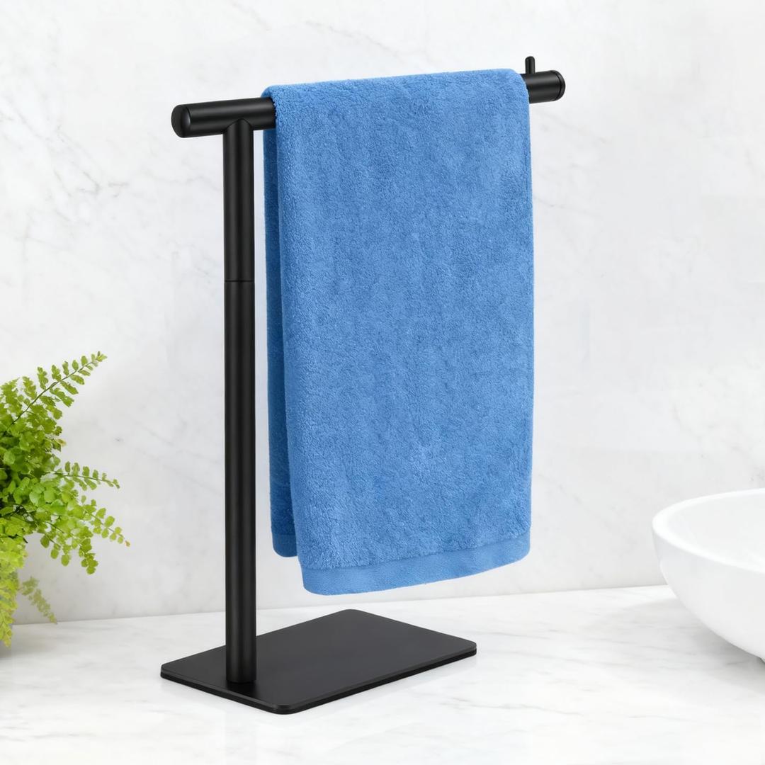 Hand Towel Holder, L-Shape Hand Towel Stand for Bathroom, Stainless Steel Hand Towel Rack Bar Standing for Vanity Kitchen Countertop, Black