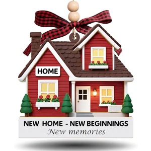 New Home Ornament – Red Wooden Housewarming Gift for Couples, Friends & New Homeowners – “New Home New Beginning” Wooden Home Decor 2 Pack