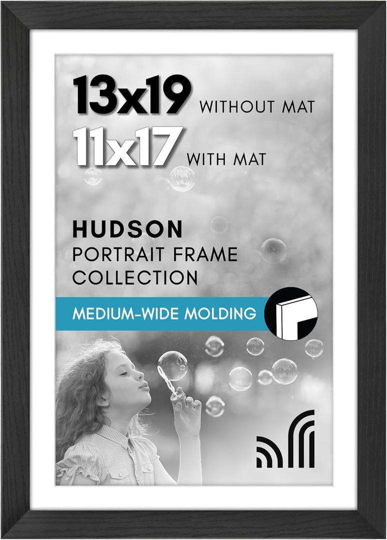 Americanflat 13x19 Picture Frame with Shatter-Resistant Glass - Use as 11x17 Frame with Mat or Display 13x19 Photo Without Mat - Hudson Collection - Wide Picture Frames for Wall Display - Black