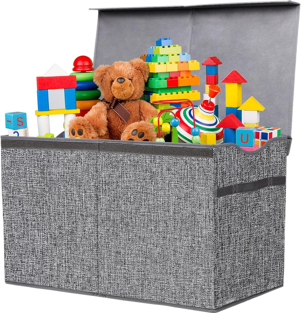 YOLOXO Toy Box Chest, Collapsible Sturdy Storage Bins with Lids, Extra Large Kids Toy Storage Organizer Boxes Bins Baskets for Kids, Boys, Girls, Nursery Room, Playroom, Closet (Linen Gray)