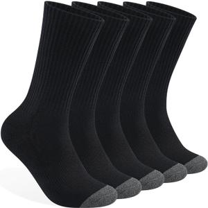 Mens 100% Cotton Cushioned Crew Socks, Athletic Performance Moisture Wicking Work socks (5 Pairs Black), Size: Large