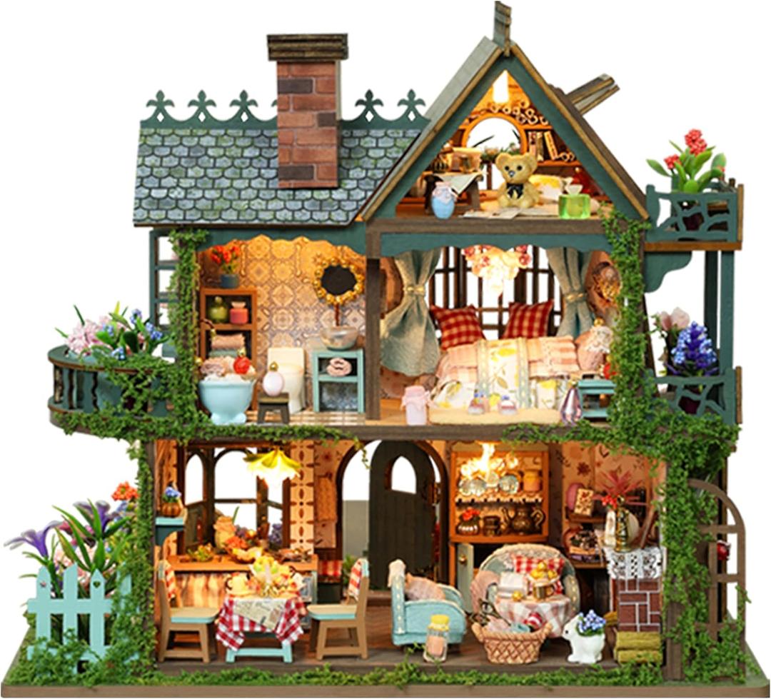 ISSEVE DIY Miniature House Kit, Tiny House Dollhouse Kit for Adults, Mini House Building Kits, Miniature Kit Adult Craft Diorama Kit Home Bookshelf Decoration, Gifts for Birthday (Fairy Garden House)