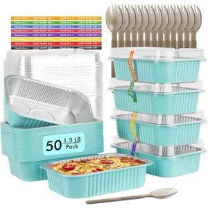 LNYZQUS 50 Pack 1.5lb Small Baking Pans with Lids, 7 x 5 Aluminum Foil Containers Individual Cake Tins,24oz Heavy Duty Takeout Leftover Containers Meal Prep Holders Boxes for Oven-Blue