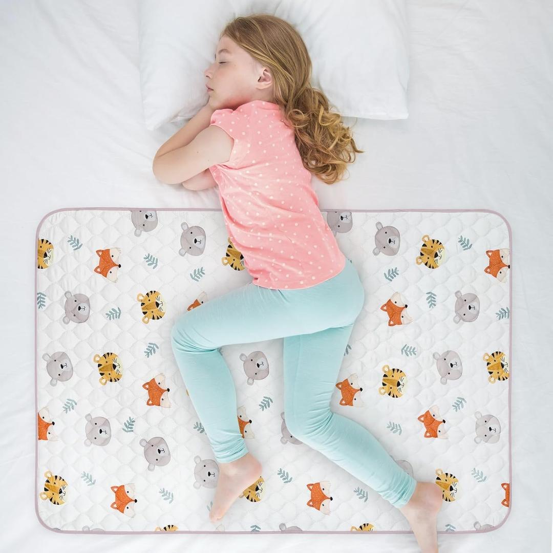 Organic Incontinence Pads for Kids & Toddlers - 5 Layer Waterproof Protectors for Overnight Bed Wetting - Reusable & Washable Pee Pads - Fits Twin to Full Size Beds - 34" x 52" Tiger Bear Fox