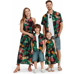 PATPAT Family Hawaiian Matching Outfits Mommy and Me Outfits Caribbean Vacation Summer Tropical Halter Sundresses and Shirts (L)