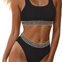 YIMISAN Women's Ribbed Two Piece Bikini Sets Wide Shoulder Strap Top Swimsuit with Mid Waist Cheeky Bathing Suit (Large, Black Gold Band)