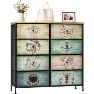 Dresser for Bedroom, 8 Drawer Dressers & Chests of Drawers for TV Stand, Organizer Fabric Storage for Bedroom, Living Room, Hallway, Easy Pull Fabric Bins, Retro Floral Pattern Drawers Wooden Top
