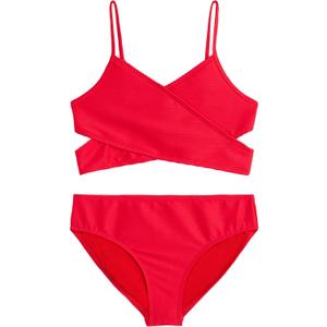 Kanu Surf Girls Coral Reef Beach Sport Wrap Around Bikini 2-Piece Swimsuit (8, Rib Solid Red)