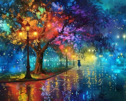 5DDIYART Evening Walk on Rainy Day Street Paint by Numbers for Adults Beginner, Paint by Number Kits on Canvas, Easy Acrylic Oil Painting Home Wall Decor 16x20inch