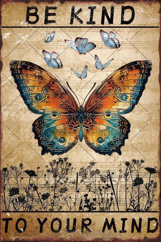 2 x Butterfly Decor 8x12 Inch Be Kind To Your Mind Butterfly Art Wall Decor for Home Living Room Kitchen Garden Bedroom Office Hotel Cafe