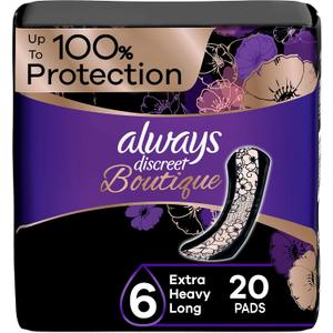 Always Discreet Boutique Incontinence Pads, Size 6, Extra Heavy Absorption, Long, 20 Pads