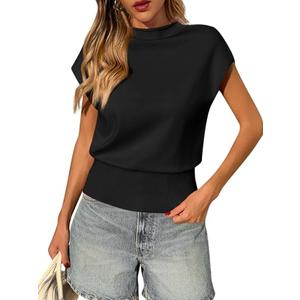 Saodimallsu Womens Cap Sleeve Summer Sweaters Tops Casual Lightweight Sweater Vest Mock Neck Knit Tank Top Black