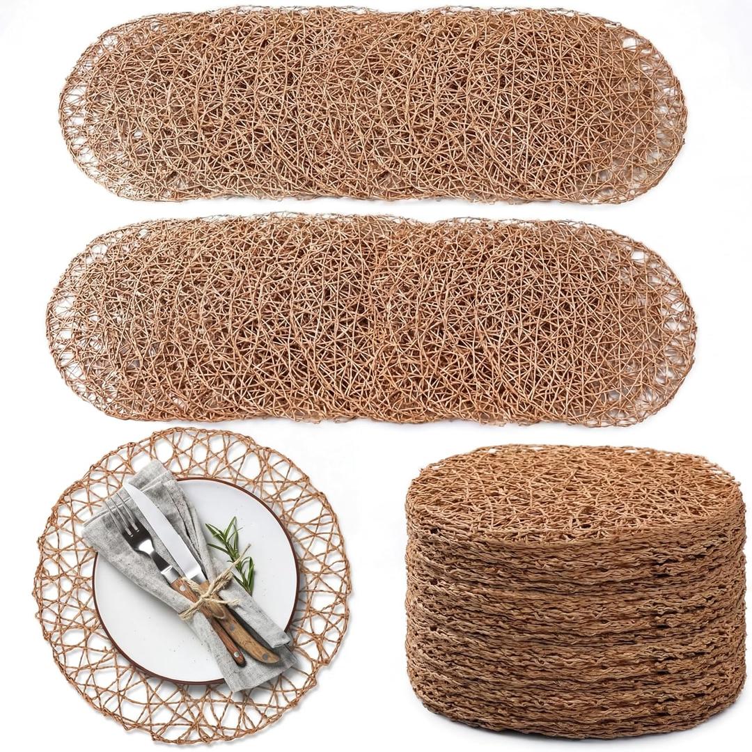 Threehoney Paper Braided Round Placemats Set of 24 Natural Boho Table Mats Rattan Woven Rustic Round Place Mats for Dining Tables Wedding Luau Summer Party Holiday Dinner Table Centerpiece Decoration