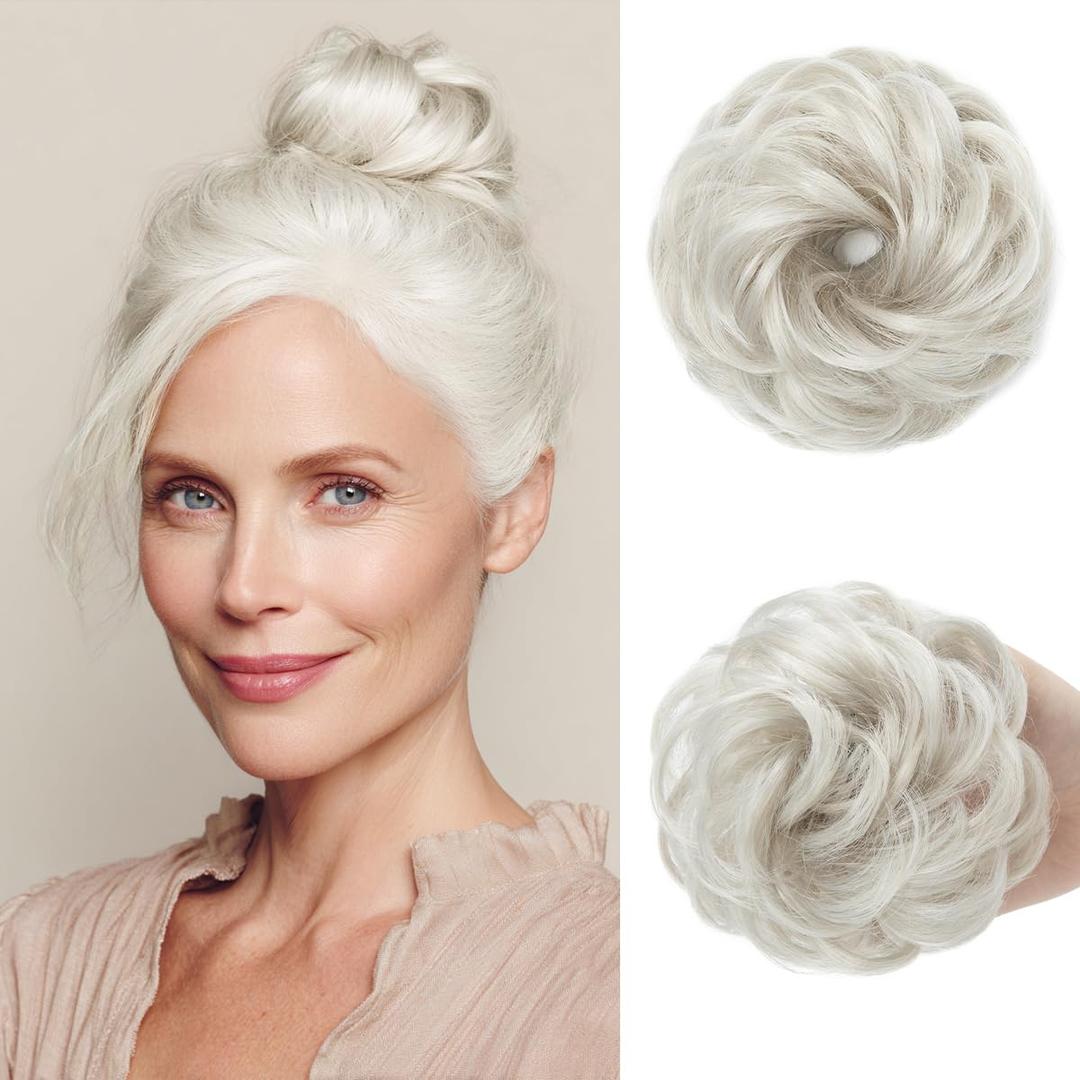 CJL HAIR Small Messy Bun Hair Pieces for Women Thin Hair Synthetic Curly Mini Scrunchies Hairpiece Updo with Elastic Band 2PCs Ice Blonde