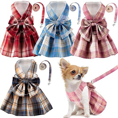 Potchen 4 Pcs Cute Plaid Dog Dress Set with Bow Tie Harness & Leash for Small Dogs, Puppy Clothes for Girls Outfits (M,Dark Color)