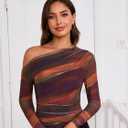 Women's Off The Shoulder Shirts Tie Dye Long Sleeve Mesh Casual Top Trendy Ruched Slim Fitted Tees (XS)