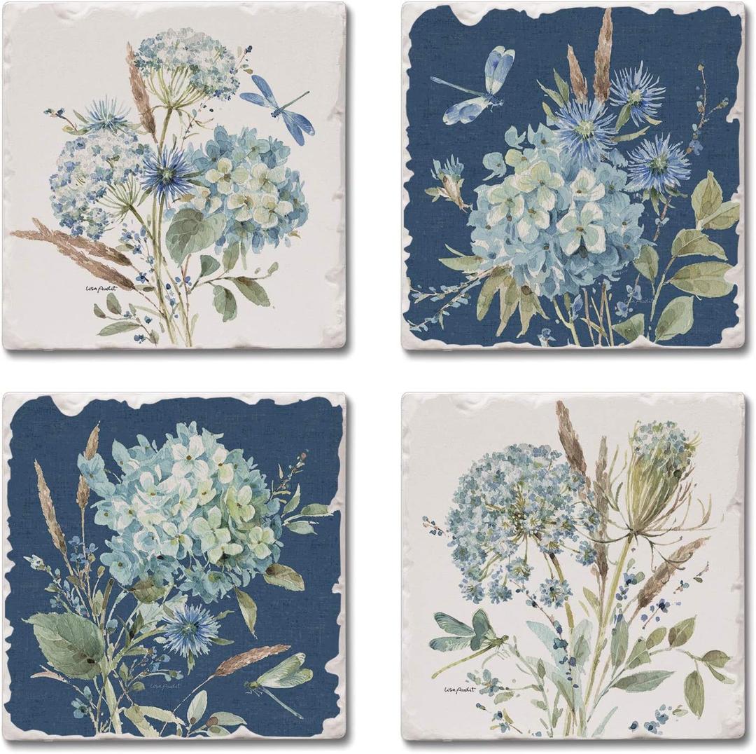 Thirstystone Bohemian Blue Multi-Image Absorbent Stone Tumbled Tile Coaster 4 Pack with Protective Cork Backing Manufactured in The USA