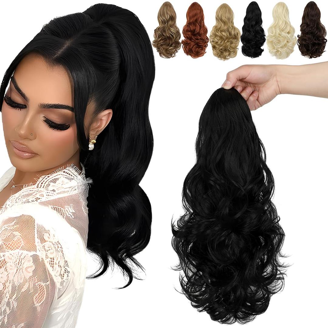 FELENDY 15" Ponytail Extension Drawstring Curly Wavy Ponytail Extensions Clip in Long Pony Tails Hair Cute Synthetic Piece for Women Dark Black