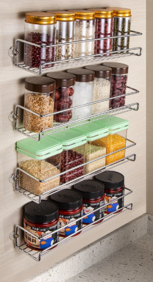 ROFAY Wall Mount Spice Rack Organizer for Cabinet Door (4 Pack) - Screw or Adhesive Hanging Seasoning Shelf for Cupboard Pantry (Silver)