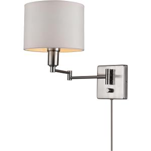 Bernard 1 Light Brushed Steel with White Fabric Shade Plug-in or Hardwired Wall Sconce
