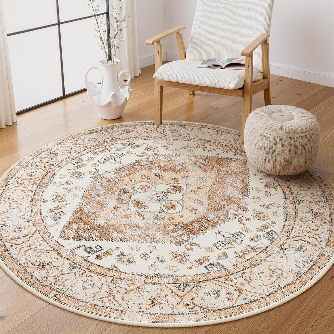Lahome Boho Round Rug - 3Ft Washable Area Rug, Non-Slip Small Bathroom Rug, Lightweight Bedroom Throw, Oriental Distressed Print Carpet for Entryway, Sofa, Nursery, Kids Room Adelyn (Taupe)