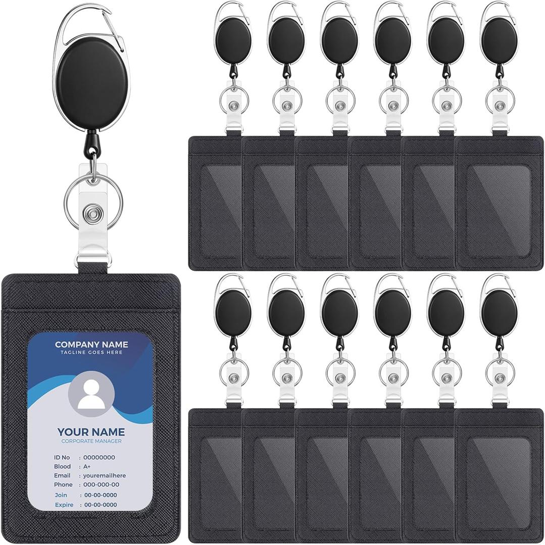 12 Pack Badge Holders and Heavy Duty Retractable Reel Clips Set, Vertical Leather ID Badge Holders with Clear ID Window and Credit Card Slots for Keychain Key Card Nurse Office Credit