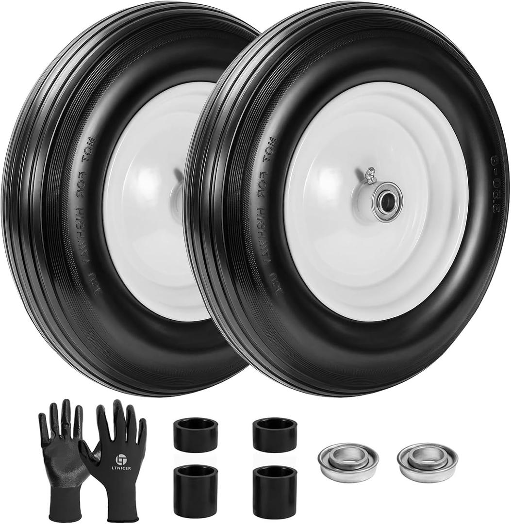 (2-Pack) Fits 4.80/4.00-8, 3.50/2.50-8, 4.00-6, 4.00-8 Wheelbarrow Wheels,14.5" Wheelbarrow Flat Free Tire, with 3/4" & 5/8" Bearing,3" Hub for Garden Cart Trolley Wagon Lawn Mower