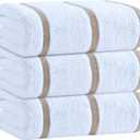 White Classic Cotton Pool Towels Oversized 35 x 70 Inches, Ultra Absorbent and Low Lint Striped Beach Towels for Adults, Stripes Design Luxury Extra Large Bath Towels, Cream Beige, 3 Pack