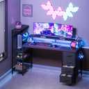59 Inch Gaming Desk with Power Outlet and LED Lights, Computer Desk with 4 Drawers & Storage Shelves, Reversible Home Office Desk with Monitor Stand for Small Space Bedroom, Carbon Fiber Black