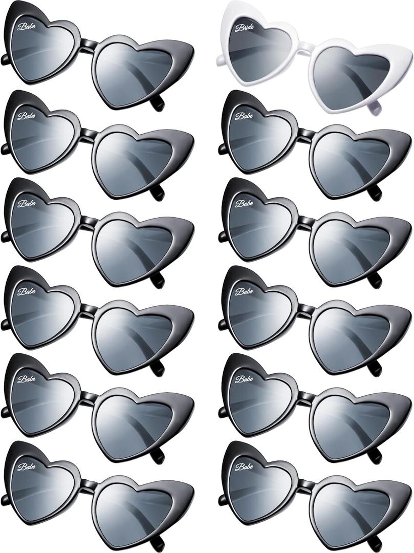 Flutesan 12 Pairs Wedding Bachelorette Party Sunglasses Heart Shaped Bride Glasses for Decor (White, Black)