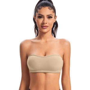 ANGOOL Strapless Bra for Women Stay-Up Padded Non-Slip Silicone Bandeau Bra Seamless Comfort Wirefree Tube Top (Beige, L)