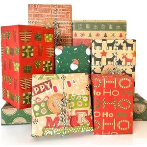 Layninder Christmas Wrapping Paper, 8 Sheets Vintage Kraft Wrapping Paper w/Tags Stickers Rope, Xmas Paper w/Santa Reindeer Merry Christmas, Gift Paper for Holiday (27.6x19.7in, Folded),Set of 2