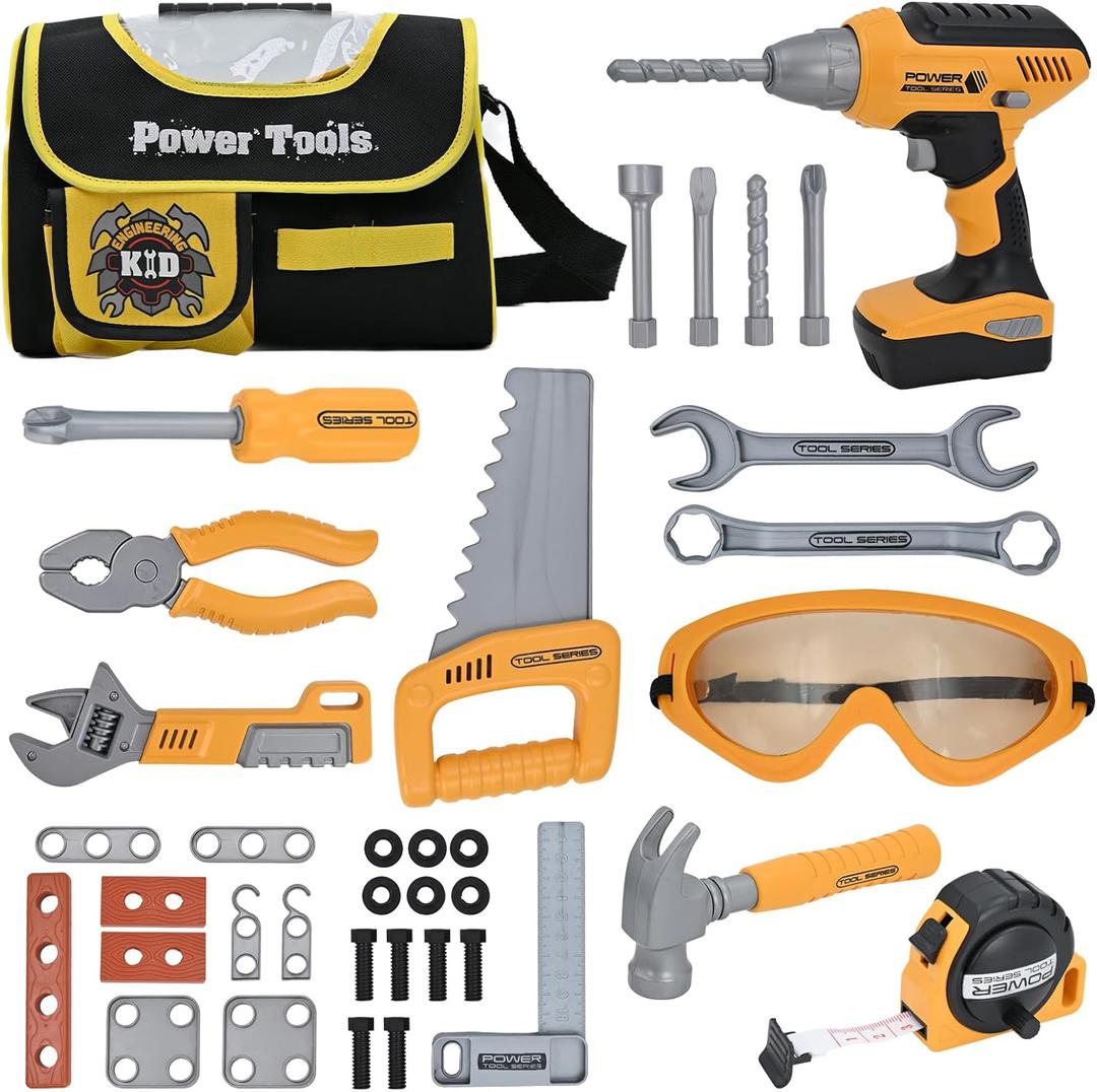 Kids Tools Set for Boys,Toddler Tool Set with Tool Bag & Electronic Drill,Construction Pretend Play Tools for Kids ,Toys for 3 4 5 Year Old Boys (Yellow)