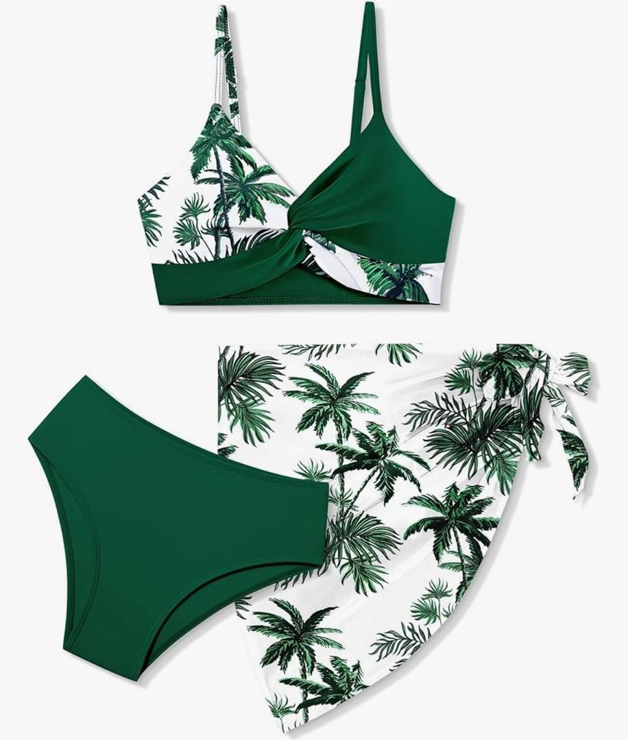 Girls Swimsuit, Bathing Suits 3 Piece Tropical Floral Twist Cross Bikini Sets Girls' Swimwear with Cover Up Skirt 9-10Y