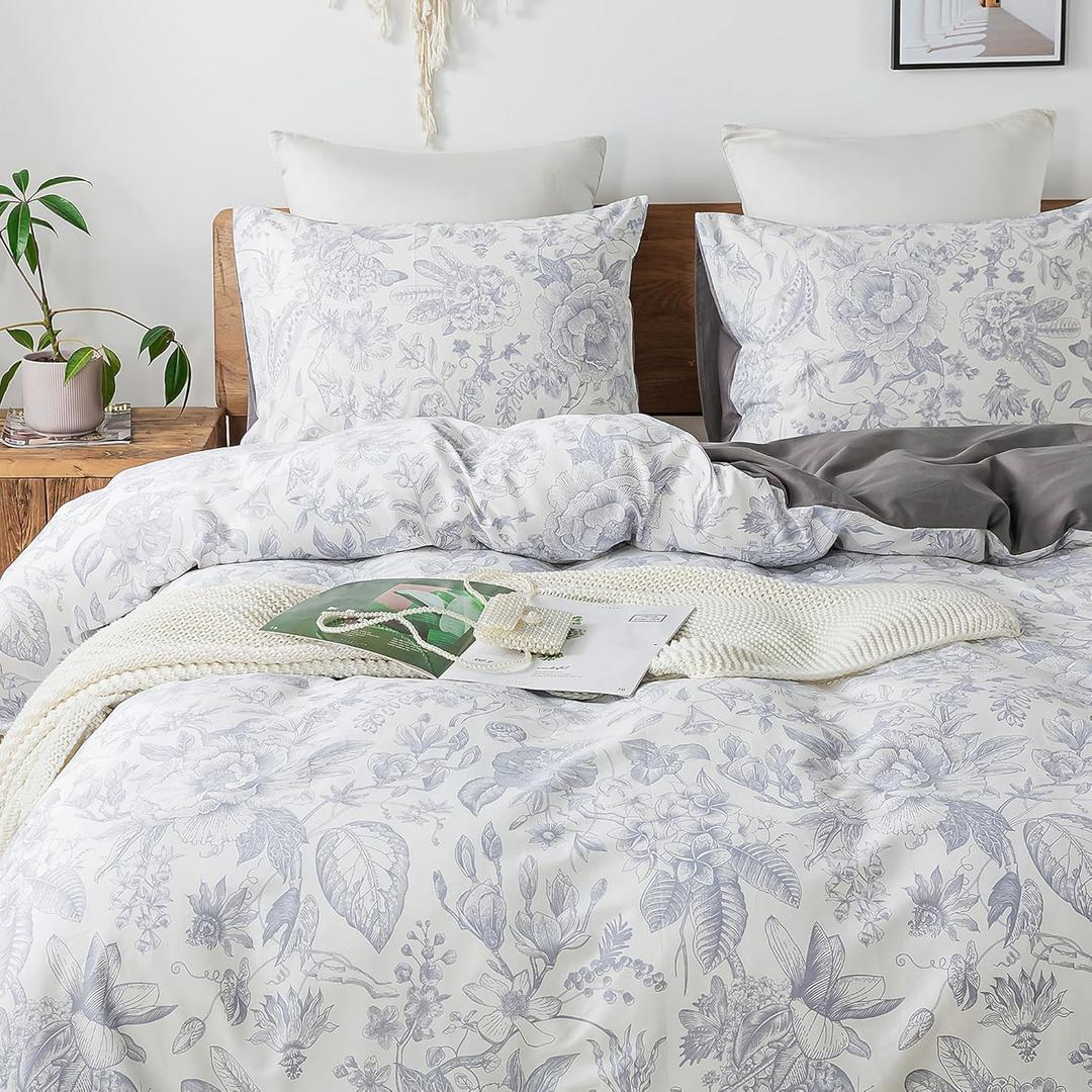 HoneiLife Queen Duvet Cover Set - 100% Cotton Comforter Cover Floral Duvet Cover Sets,Soft & Breathable Duvet Cover with Zipper Closure and Corner Ties,3pcs Wildflower Comforter Cover Sets-Herbs (Queen/Full-90"x90", Blue Paisley)