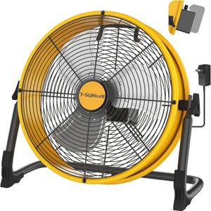 16" Battery Operated Floor Fan Compatible with Dewalt 20V Max Battery, Portable Fan with AC Adapter and USB Output, Metal Industrial High Velocity, Stepless Speed Cordless Fan for Jobsite Camping