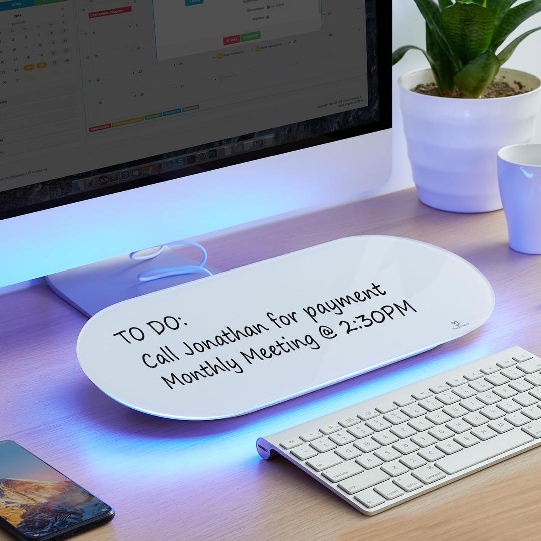 TSJ OFFICE Glass Desktop Whiteboard - 17 X 7 Inches Small Dry Erase Board with Blue Light, Glass White Board Surface Notepad with 1 Drawer, Desk Organizers for Office, Home, School Supplies