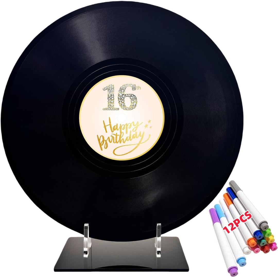 ReeGii Vinyl Record Guest Book for 16th Birthday Decorations - Large 11.6"x11.6" Birthday Party Sign Poster with 12 Pens,Unique Keepsake Gift for Friends and Family (16th, 16th - 01, 11.6"W x 11.6"L)