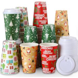 Zhehao 100 Pcs Christmas Disposable Coffee Cups with Lids 16 Oz Holiday Disposable Paper Snowman Santa Cups Xmas Party Cups for Hot Cocoa Chocolate Tea