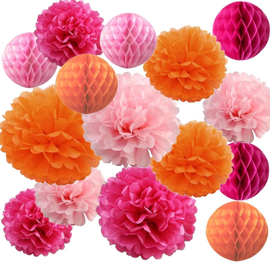 15PCS Hot Pink Orange Party Decorations Tissue Paper Flowers Pom Poms Honeycomb for Girl Groovy Birthday Baby Shower Wedding Bachelorette Summer Flamingo Party Nursery Wall Hanging Dcor (12")