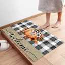Fall Front Door Mat Indoor Entrance, Thanksgiving Welcome Orange Pumpkin Non Slip Doormat Absorbent Resist Dirt Floor Mats Washable Low Profile Sunflower Plaid Inside Rugs for Entryway, 16''x24''
