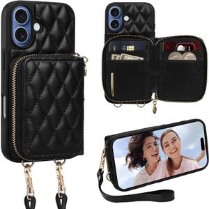 Keallce Case for iPhone 17 6.3'' Wallet Case, Crossbody Zipper Purse with Wrist Strap Lanyard Handbag, RFID Blocking Card Holders, Kickstand Flip Leather Cover for iPhone 17, Black