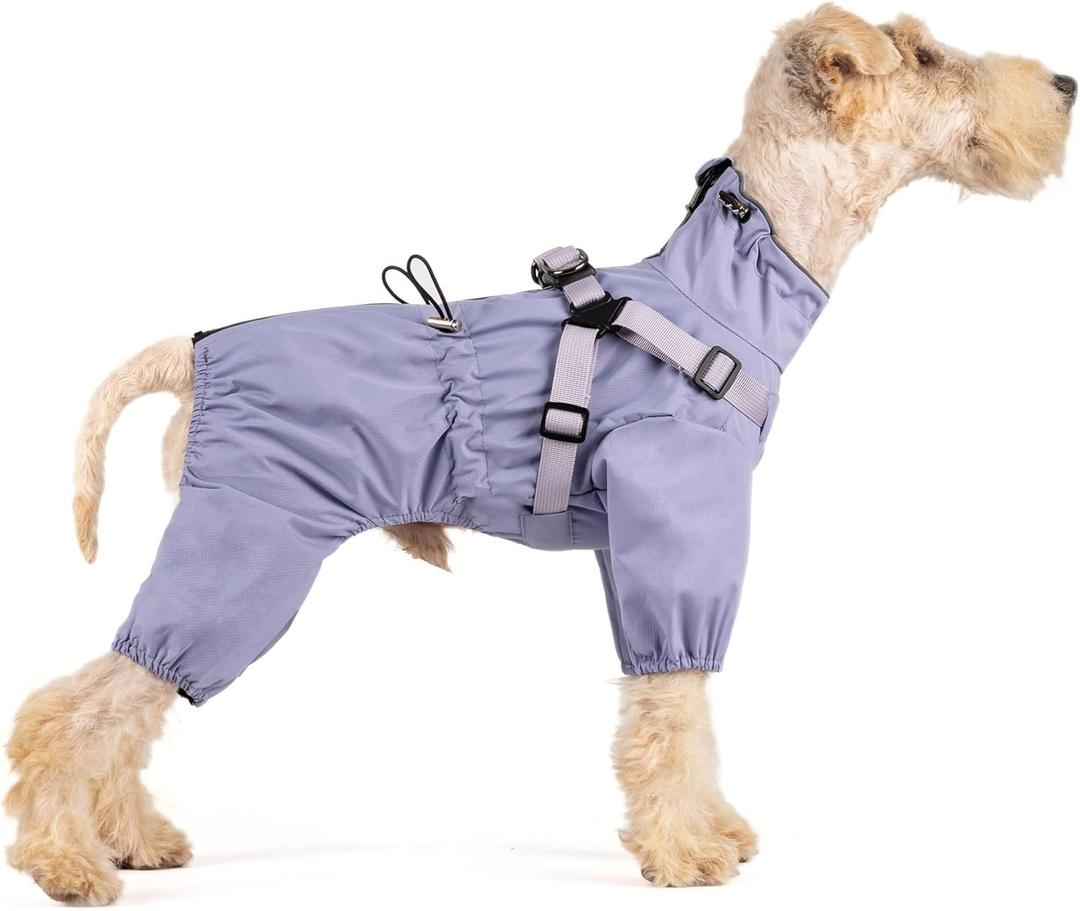 Mile High Life Waterproof Dog Raincoat, Full Coverage Small Dog Rain Coat with Harness, Adjustable 4 Legs Puppy Rain Jacket with Reflective Strip and Elastic Cuffs (Purple, L Back Length 16.1")
