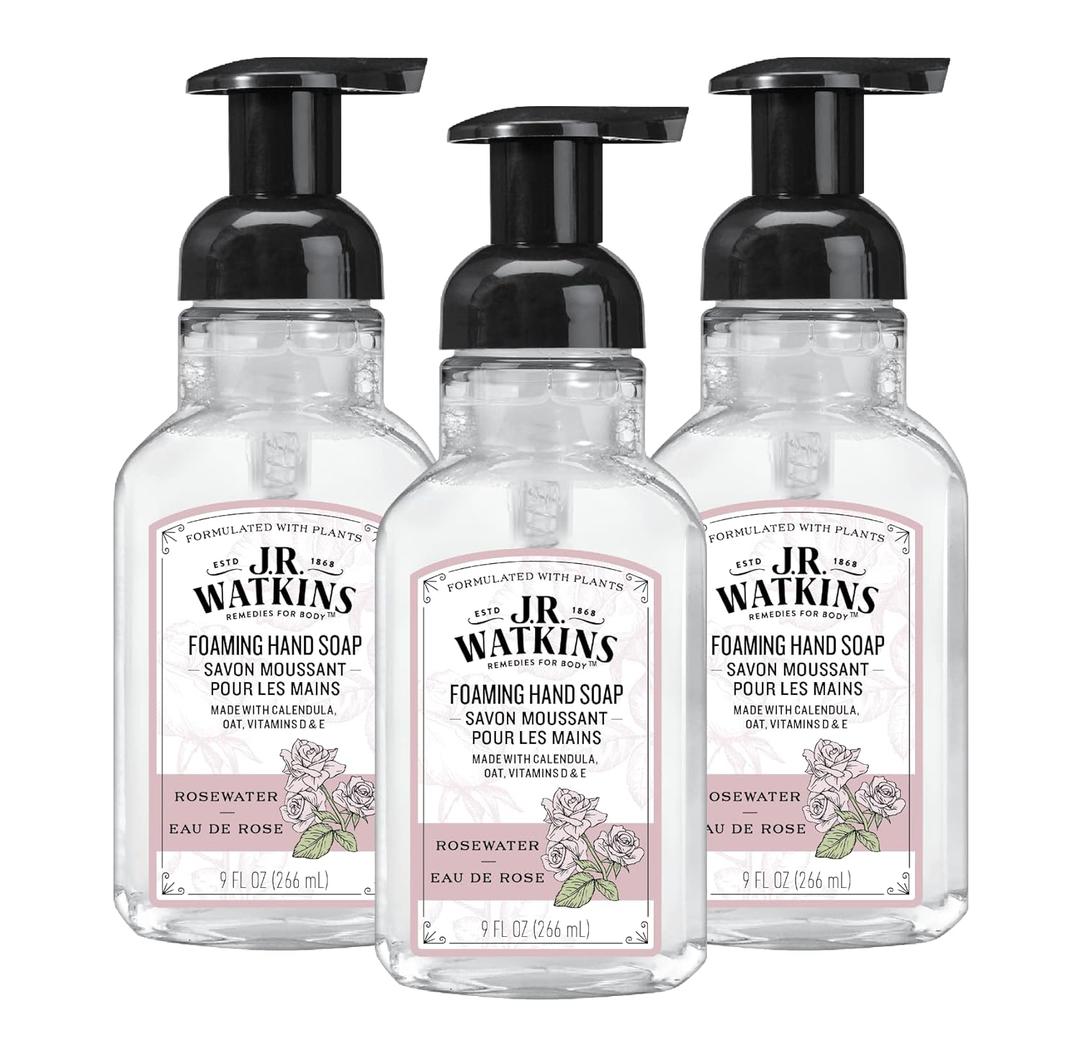 J.R. Watkins Foaming Hand Soap with Pump Dispenser, Moisturizing Foam Hand Wash, Alcohol-Free, Cruelty-Free, eau de rose, 9 fl oz, 3 Pack