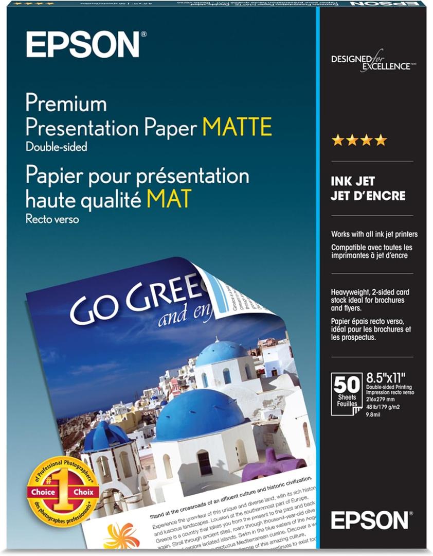 2 x Epson Premium Presentation Paper MATTE (8.5x11 Inches, Double-sided, 50 Sheets) (S041568),Bright White